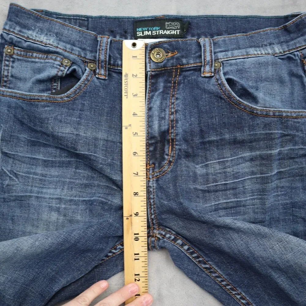 RS Pants Mens 32 Blue New York Slim Straight Mid Rise Zip Dark Wash Denim Jeans
